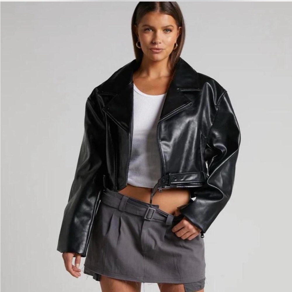 Lioness Black Faux Leather Cropped Oversized Moto Jacket